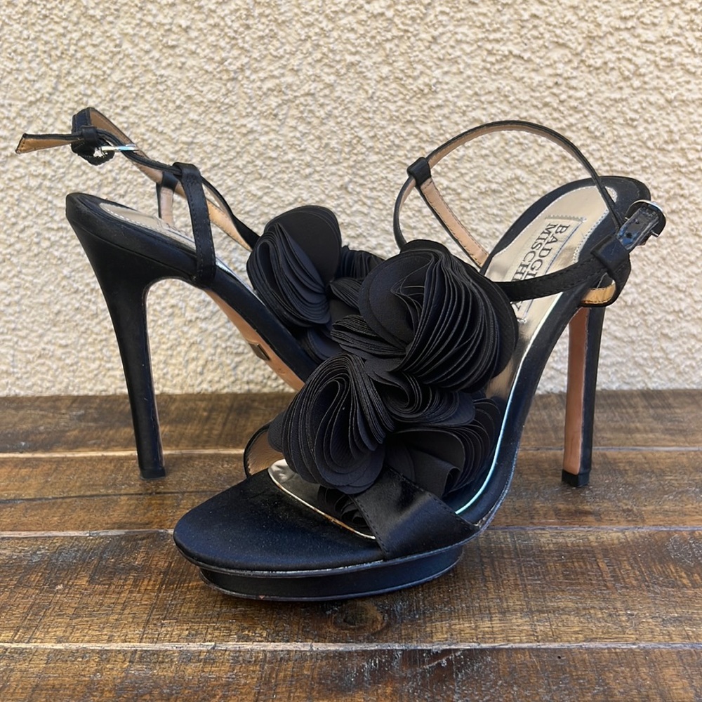 Badgley Mischka Satin Flower High Heeled Sandals